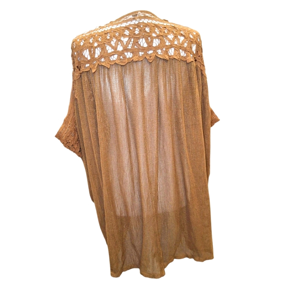 Open-Front Crochet Shoulder Knit Cardigan - Tan - Picture 4 of 9